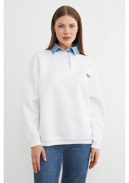 3 Iplik Kalp Nakışlı Polo Yaka Denim Detaylı Sweatshirt modelleri