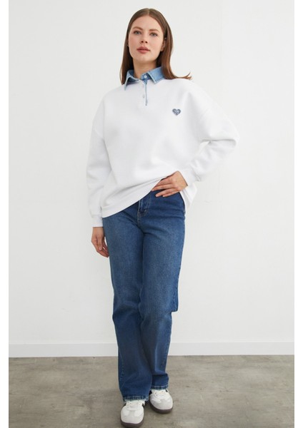 3 Iplik Kalp Nakışlı Polo Yaka Denim Detaylı Sweatshirt fırsatları