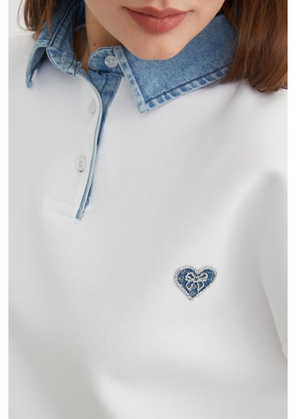 3 Iplik Kalp Nakışlı Polo Yaka Denim Detaylı Sweatshirt