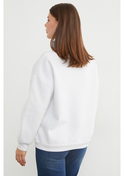 3 Iplik Kalp Nakışlı Polo Yaka Denim Detaylı Sweatshirt