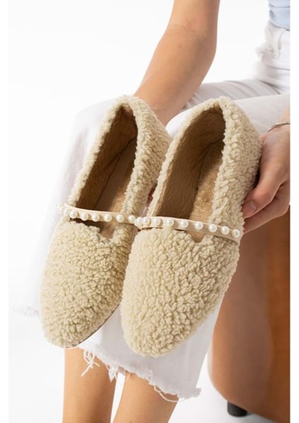 Kadın Incili Ev Babeti Yünlü - Krem - 38