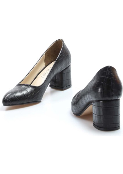 Kadın Siyah Kroko Klasik Kısa Topuklu Ayakkabı Alçak Topuk 961za551