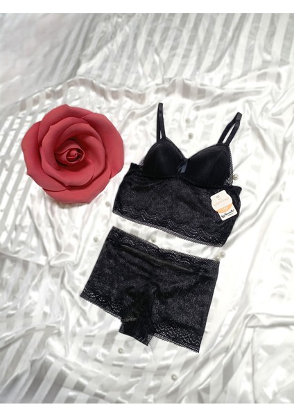 Bordo Büstiyer Boxer Iç Çamaşır Takımı Dantel Desenli Light Pad Telsiz Yumuşak Pedli
