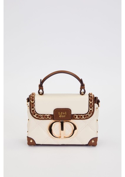 Kapitone Nakış, Zincir Örgü ve Metal Zımba Detaylı Küçük Boy Kadın El ve Omuz Çantası LV930580 Krem
