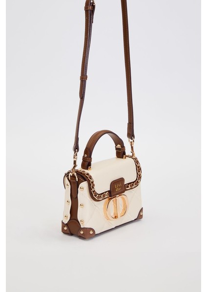 Kapitone Nakış, Zincir Örgü ve Metal Zımba Detaylı Küçük Boy Kadın El ve Omuz Çantası LV930580 Krem fiyatları