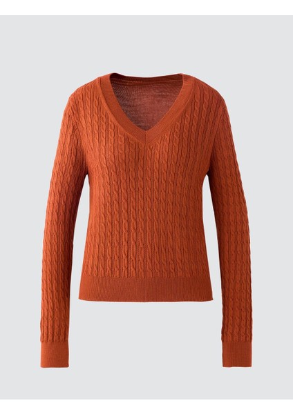 Kıremıt V Yaka Saç Örgü Desenli Triko Kazak