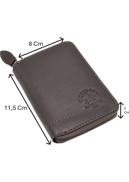 Hakiki Deri Kağıt Para ve Bol Kart Bölmeli Fermuarlı Unisex Cüzdan - Gri