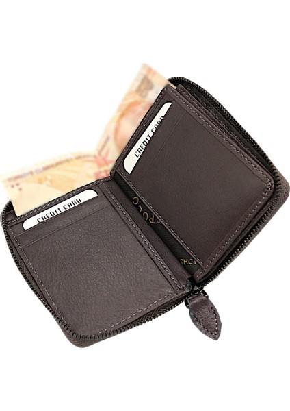 Hakiki Deri Kağıt Para ve Bol Kart Bölmeli Fermuarlı Unisex Cüzdan - Gri modelleri