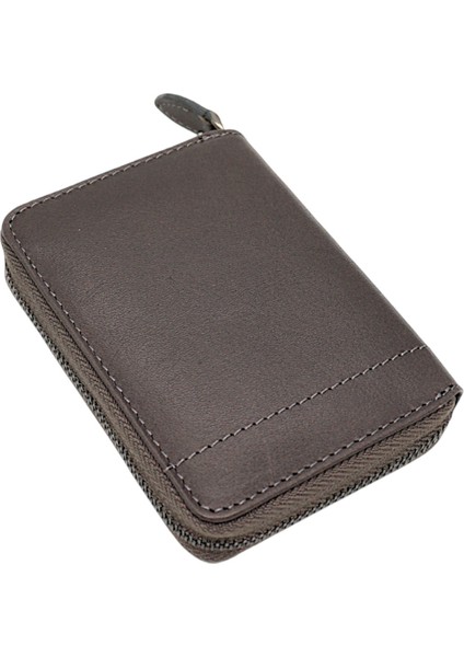 Hakiki Deri Kağıt Para ve Bol Kart Bölmeli Fermuarlı Unisex Cüzdan - Gri