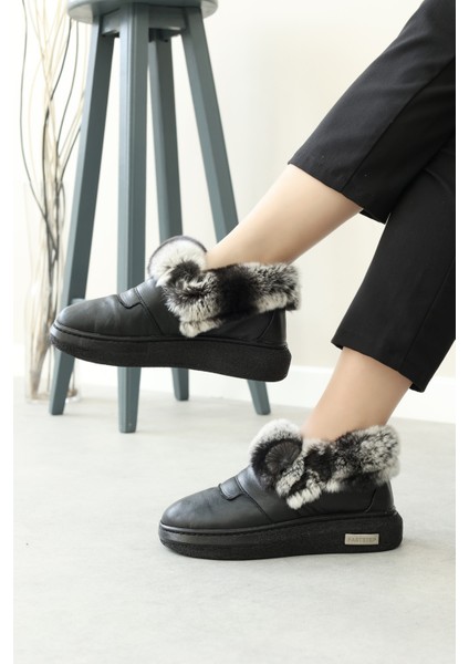 Hakiki Deri Kürklü Siyah Kadın Spor Bot 733kza0024 indirimleri