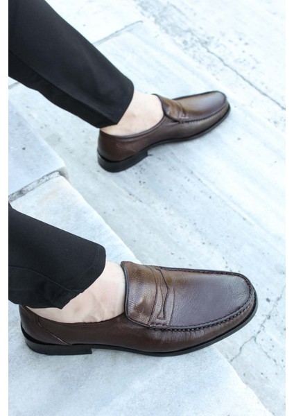 Hakiki Deri Kösele Taban Kahve Erkek Makosen Ayakkabı, Klasik Ayakkabı 932ma725