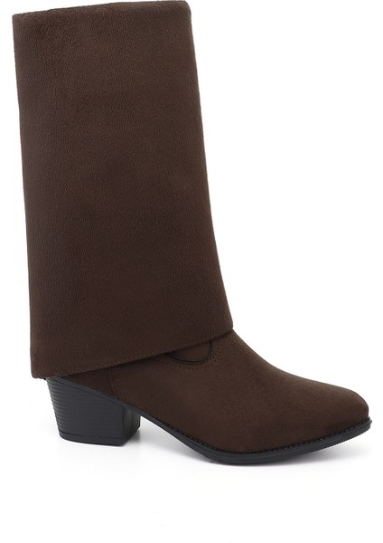 Kadın Kahve Süet Sivri Burun Kalın Topuklu Kovboy Çizme