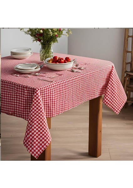Pötikareli Kırmızı Keten Masa Örtüsü, Pötikare Piknik Örtüsü - Masa Örtüsü- Sofra Bezi 60 x 60