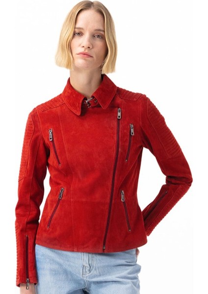 Kadın Kırmızı Süet Deri Ceket