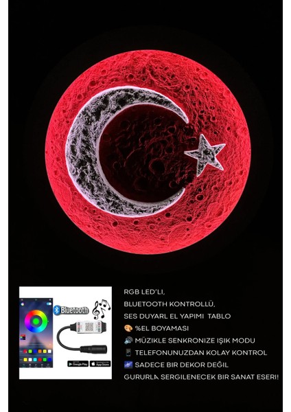 El Yapımı Işıklı Türk Bayrağı Tablo – Rgb Bluetooth Kontrollü Ses Duyarlı LED Işıklı Bayrak Duvar Dekoru