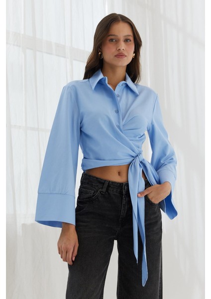 Yan Bağlamalı Crop Gömlek Mavı