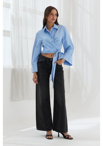 Yan Bağlamalı Crop Gömlek Mavı