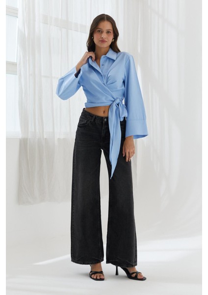 Yan Bağlamalı Crop Gömlek Mavı