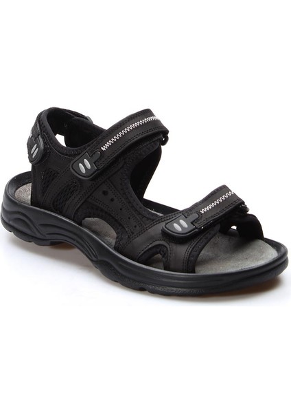Erkek Hakiki Deri Cırtlı Günlük Rahat Yazlık Plaj Hafif Bantlı Sandalet Siyah 907ma1517
