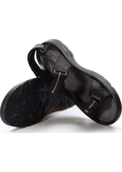 Erkek Hakiki Deri Cırtlı Günlük Rahat Yazlık Plaj Hafif Bantlı Sandalet Siyah 907ma1517