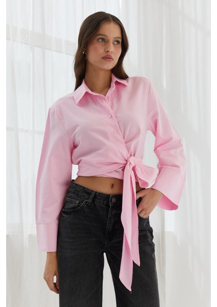 Yan Bağlamalı Crop Gömlek Pembe