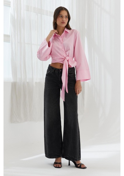 Yan Bağlamalı Crop Gömlek Pembe