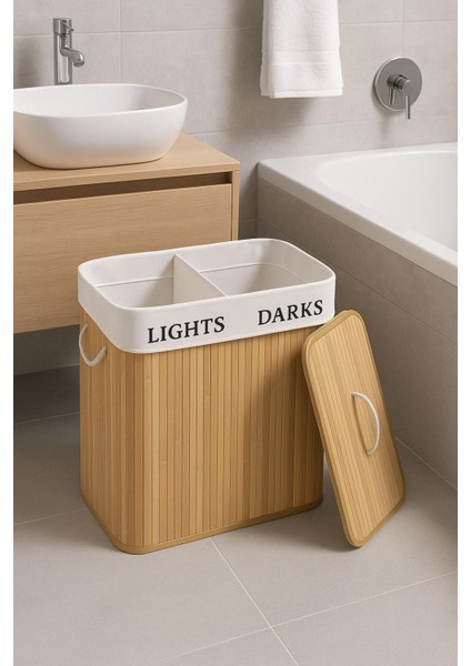 Iki Bölmeli Bambu Naturel Çamaşır Sepeti - Mega Katlanabilir Çamaşır Sepeti