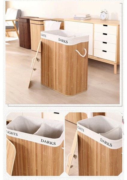 Iki Bölmeli Bambu Naturel Çamaşır Sepeti - Mega Katlanabilir Çamaşır Sepeti
