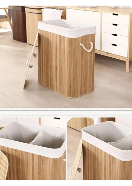 Iki Bölmeli Bambu Naturel Çamaşır Sepeti - Mega Katlanabilir Çamaşır Sepeti
