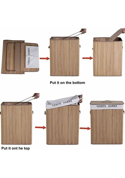 Iki Bölmeli Bambu Naturel Çamaşır Sepeti - Mega Katlanabilir Çamaşır Sepeti