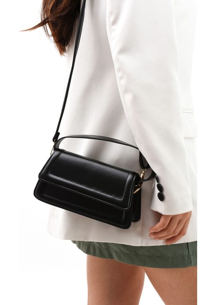 Moi Siyah Kadın Şık Tasarım Çıtçıtlı Ayarlanabilir Askılı El, Kol ve Omuz Çantası U:10 E:21 G:7 cm
