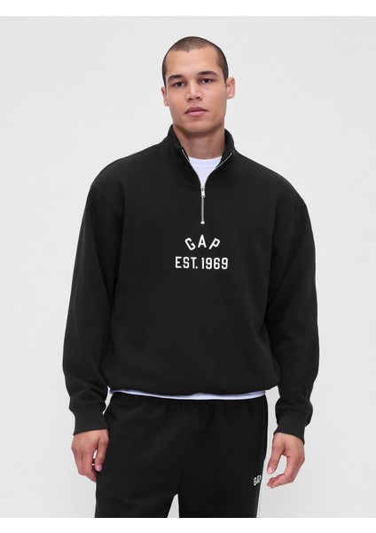 Erkek Siyah Vintagesoft Oversized Gap Logo Yarım Fermuarlı Sweatshirt