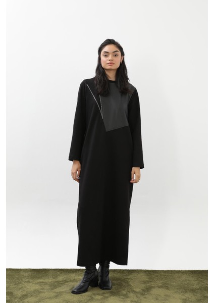 Kadın Fermuar ve Deri Detaylı Asimetrik Elbise -12656ELB fiyatları