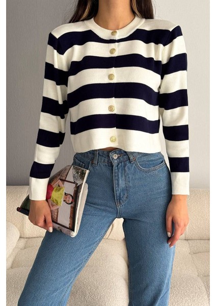Kadın Çizgili Altın Düğmeli Triko Hırka – Parisian Line