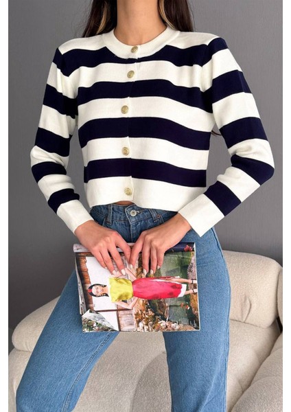 Kadın Çizgili Altın Düğmeli Triko Hırka – Parisian Line fiyatları