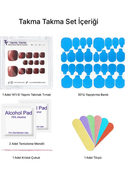 14'lü Bordo Ayak Tırnağı TT1414 Tekrar Kullanılabilir El Yapımı Protez Takma Tırnak - Bordo-S fiyatları