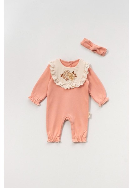 Kız 3-6 Ay Gül Kanaviçeli Bandanalı Tulum