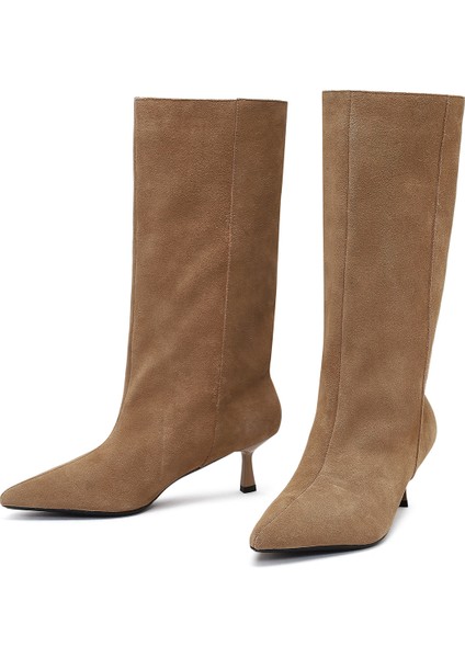 Kadın Bej İnce Topuklu Süet Deri Çizme 25AFD490510