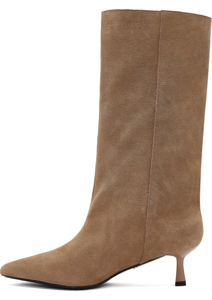 Kadın Bej İnce Topuklu Süet Deri Çizme 25AFD490510