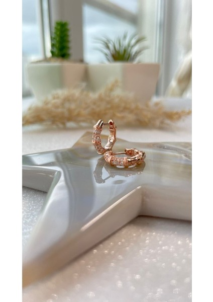 Rose Kaplama Taşlı Mini Halka Küpe 925 Ayar Gümüş Tek Adet