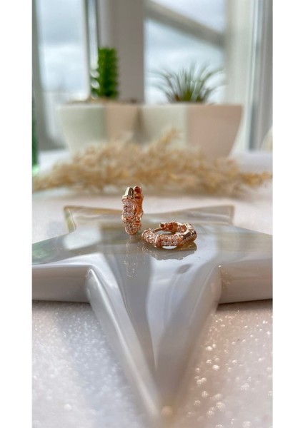 Rose Kaplama Taşlı Mini Halka Küpe 925 Ayar Gümüş Tek Adet modelleri