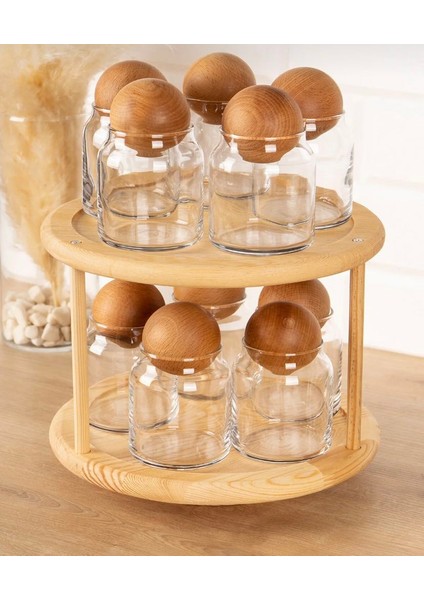 Ahşap Top Kapaklı Cam Kavanozlu Stantlı Baharatlık Seti