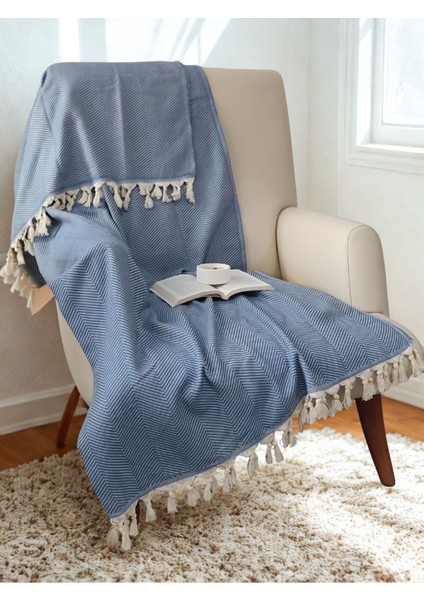 %100 Pamuk Koltuk Örtüsü - Çok Amaçlı Koltuk Şalı, Pike, Piknik ÖRTÜSÜ-170X220CM-MAVI