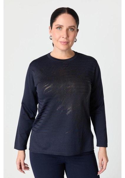 Büyük Beden Baskılı Triko Kazak-Lacı