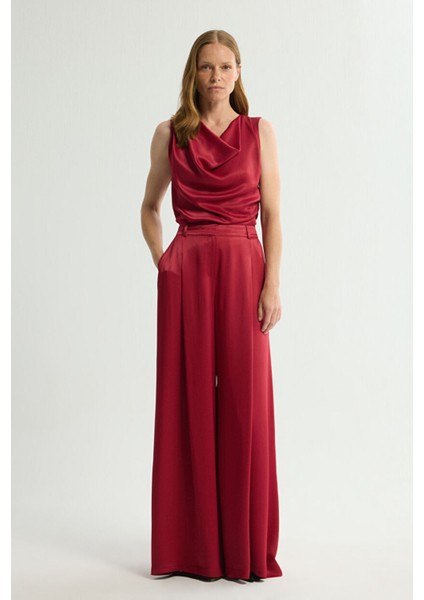 Pileli Geniş Paça Pantolon Bordo 153L9500002