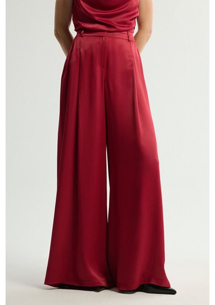 Pileli Geniş Paça Pantolon Bordo 153L9500002 modelleri