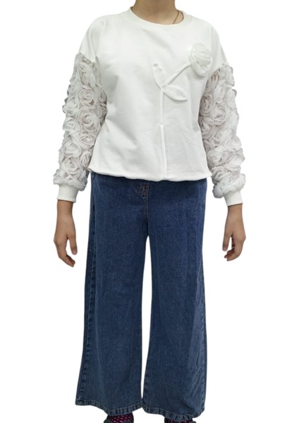 Kız Çocuk Tül Kollu Gül Detaylı Sweatshirt ve Bol Paça Kot Pantolon Takımı