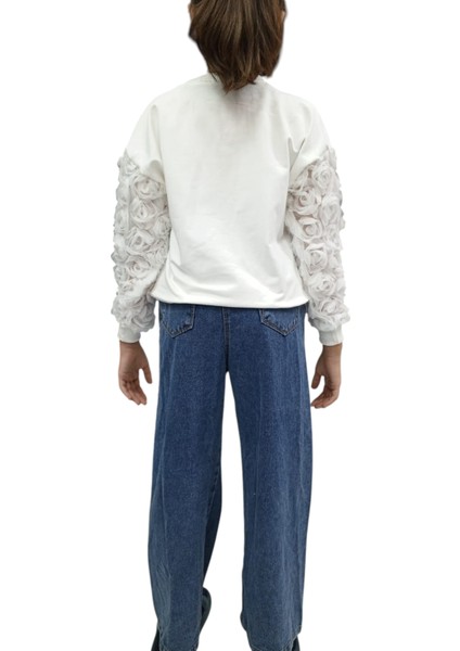Kız Çocuk Tül Kollu Gül Detaylı Sweatshirt ve Bol Paça Kot Pantolon Takımı fiyatları