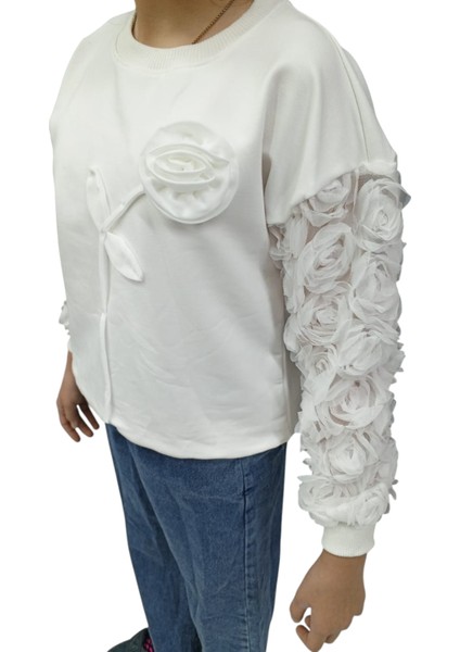 Kız Çocuk Tül Kollu Gül Detaylı Sweatshirt ve Bol Paça Kot Pantolon Takımı modelleri