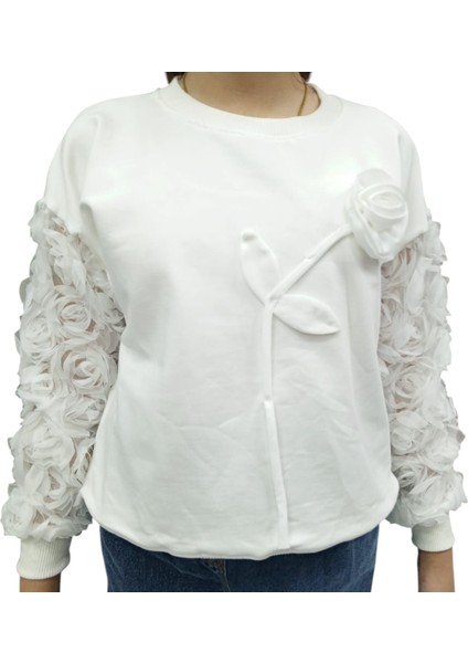 Kız Çocuk Tül Kollu Gül Detaylı Sweatshirt ve Bol Paça Kot Pantolon Takımı fırsatları